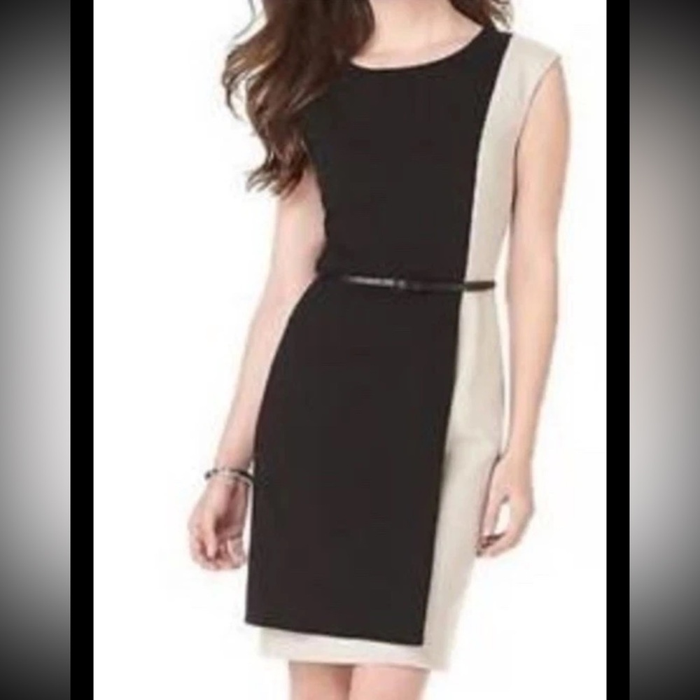 CALVIN KLEIN Dress Shealth Sleeveless Colorblock Black Tan Shift Career Lined 8